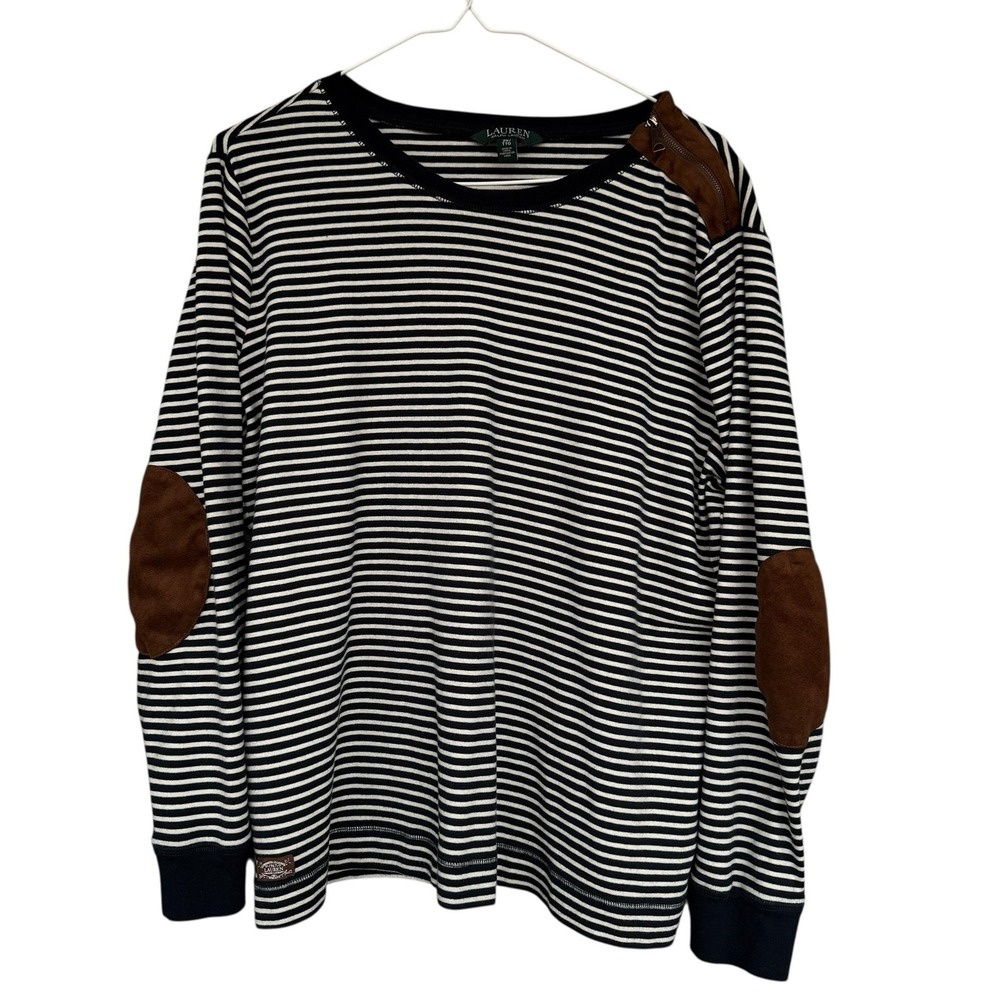 Lauren Ralph Lauren Shirt Womens 2X Blue Striped Elbow Nautical Long Sleeve Top